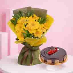 Yellow Gerbera Bunch with Sweet Cake