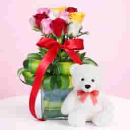 Mixed Rose Vase with Teddy