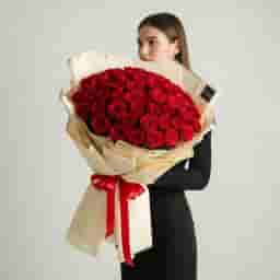A Girl holding 100 Pcs Red Roses Bouquet 