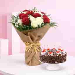 White & Red Rose Blooms with Cake Combo