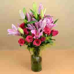 Pink Oriental Lilies n Roses Bunch