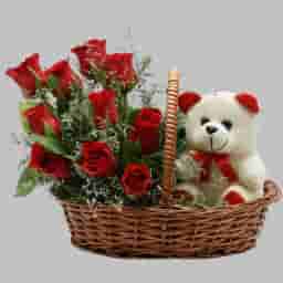 Rose Bouquet Basket with Teddy