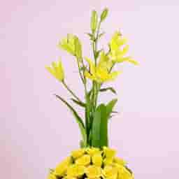 Yellow Lily and Rose Arrangements