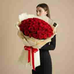 A Girl holding 100 Pcs Red Roses Bouquet 