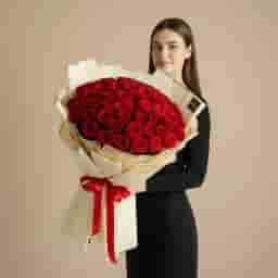 A Girl holding 100 Pcs Red Roses Bouquet 