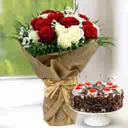 White & Red Rose Blooms with Cake Combo