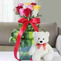 Mixed Rose Vase with Teddy