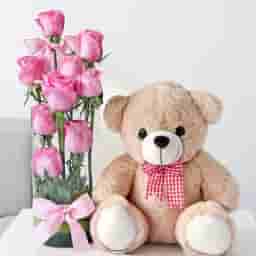 Sweet Teddy Love with Pink Roses