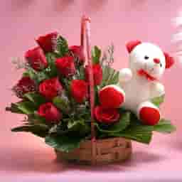 Rose Bouquet Basket with Teddy