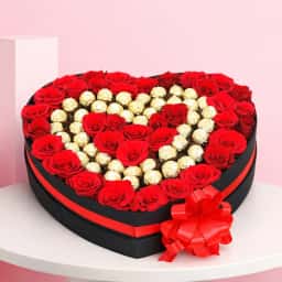 Heart Box Red Roses with Ferrero Rocher Chocolates