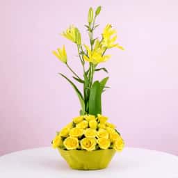 Yellow Lily and Rose Arrangements