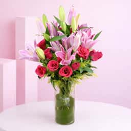 Pink Oriental Lilies n Roses Bunch