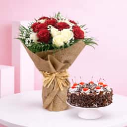 White & Red Rose Blooms with Cake Combo