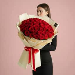 100 Pc Red Rose Flowers Bouquet