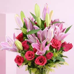 Pink Oriental Lilies n Roses Bunch