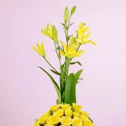 Yellow Lily and Rose Arrangements