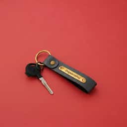 Custom Black Leather Keychain with Name Tag