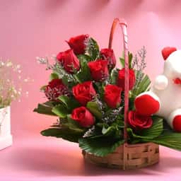 Rose Bouquet Basket with Teddy