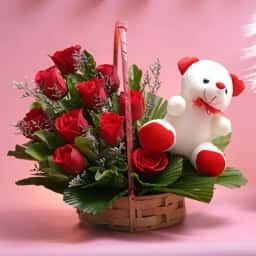 Rose Bouquet Basket with Teddy