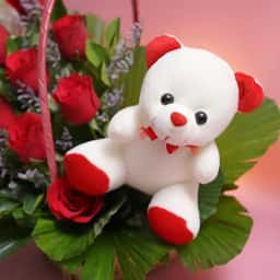 Rose Bouquet Basket with Teddy