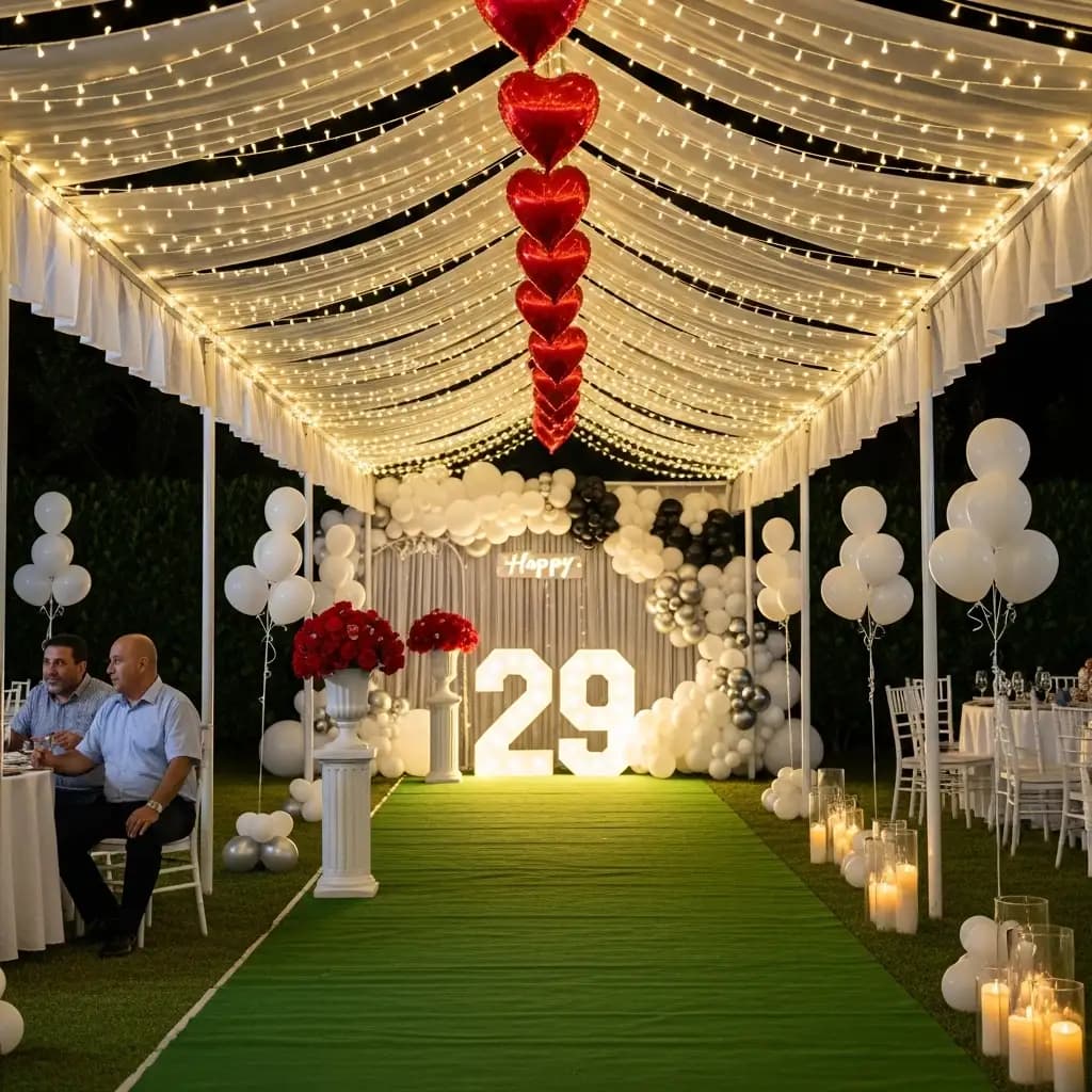 Elegant 29th birthday event setup featuring illuminated “29” signage beneath “Happy,” surrounded by black and white balloon clusters, romantic red heart balloons hanging overhead, candle-lit aisle accents on a green carpet, and a dreamy ceiling of white drapes and string lights.