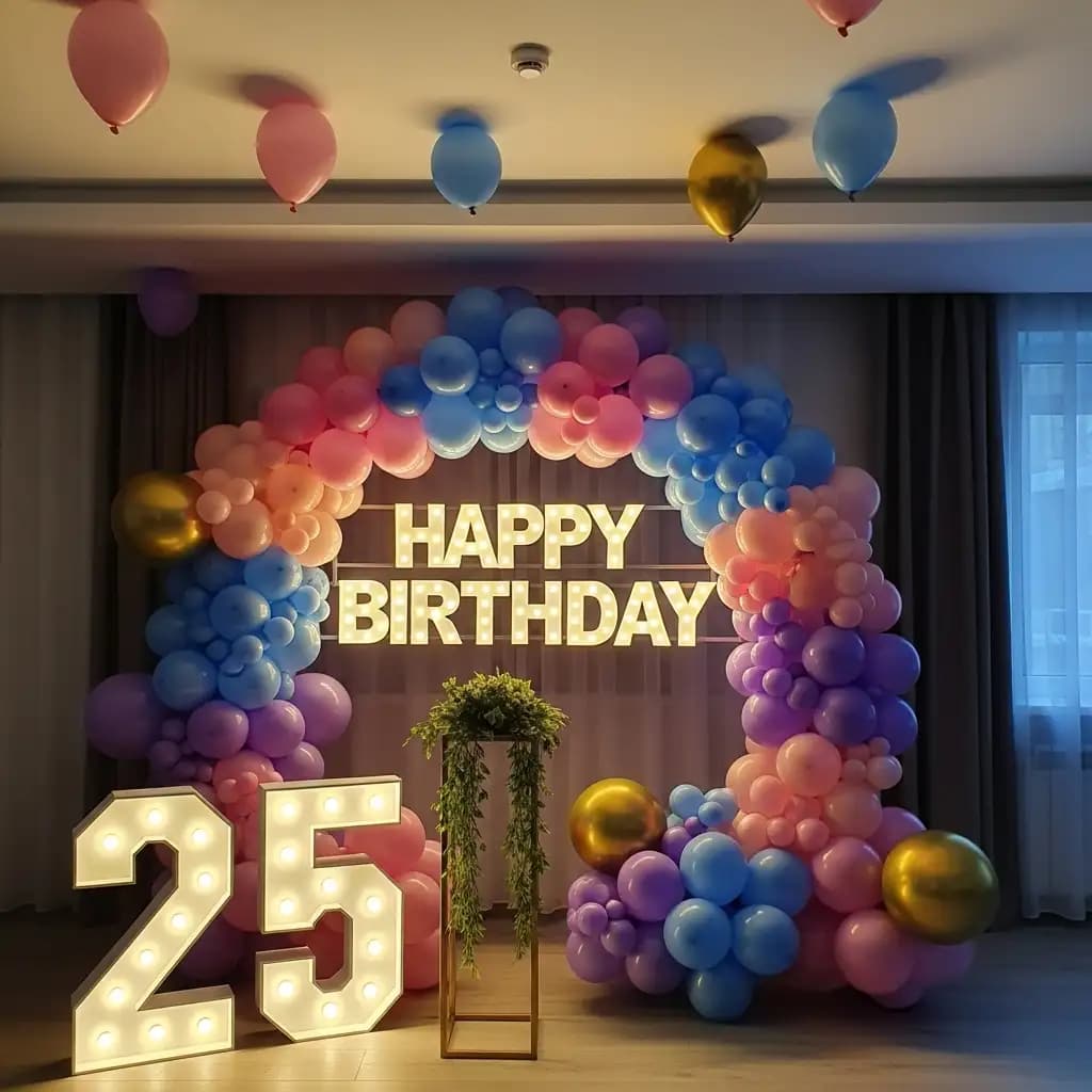 Vibrant indoor 25th birthday setup featuring a multicolored balloon arch in pink, blue, purple, and gold, with a glowing “HAPPY BIRTHDAY” sign and illuminated “25” centerpiece—perfect for a lively and festive celebration.