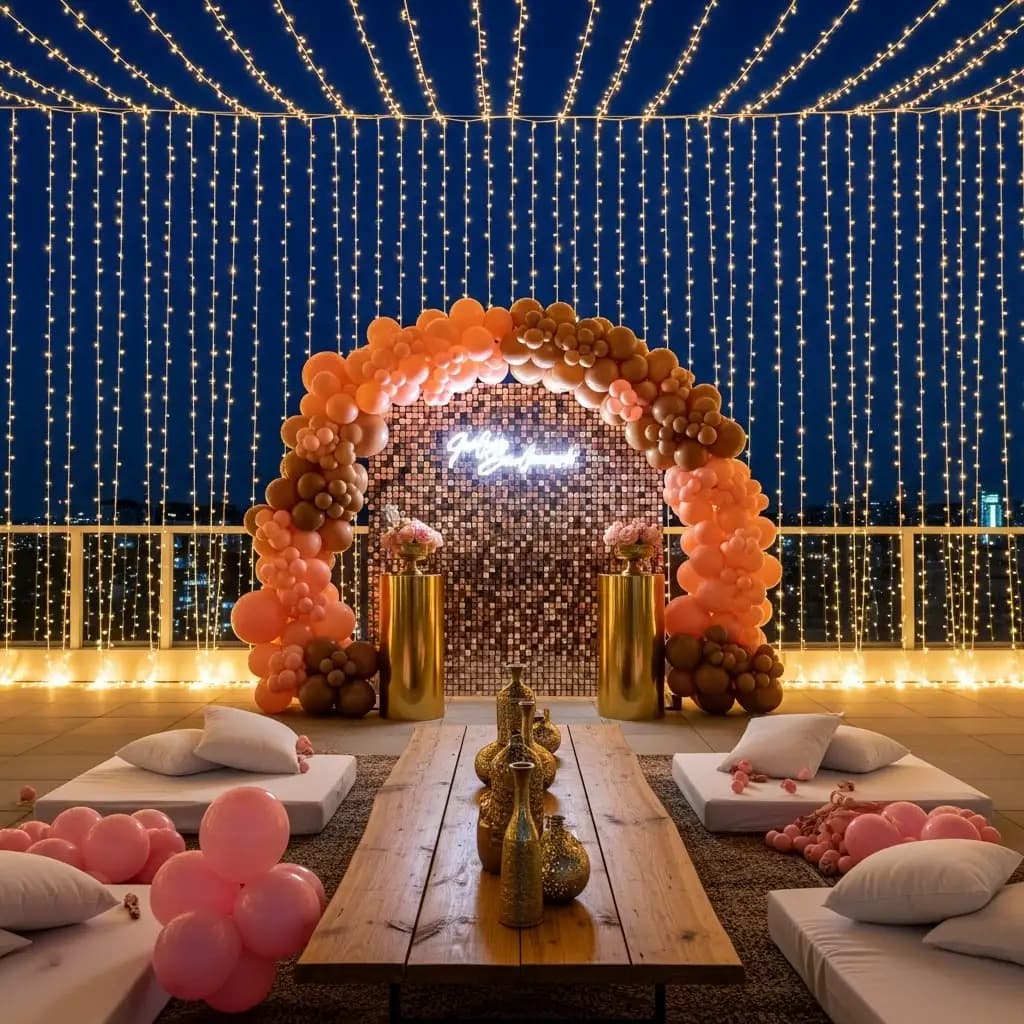Elegant outdoor birthday celebration featuring a blush pink and brown balloon arch, a glowing “Happy Birthday” neon sign, golden floral stands, a rustic low table with golden decor accents, and cozy white cushions—set under dreamy string lights for a magical evening vibe.