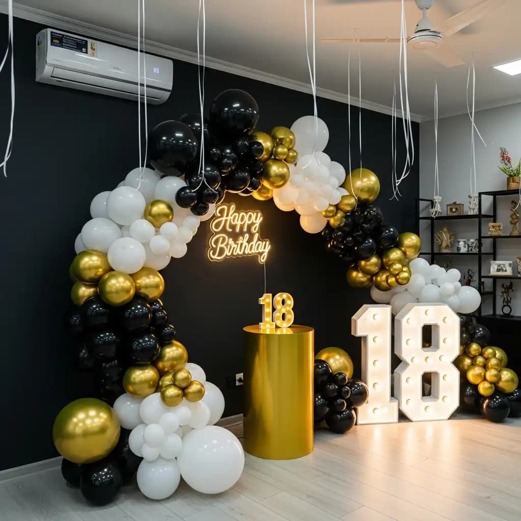 Chic 18th birthday setup with a black, white, and gold balloon arch, a glowing “Happy Birthday” neon sign, and illuminated “18” numbers for a bold, elegant celebration backdrop.