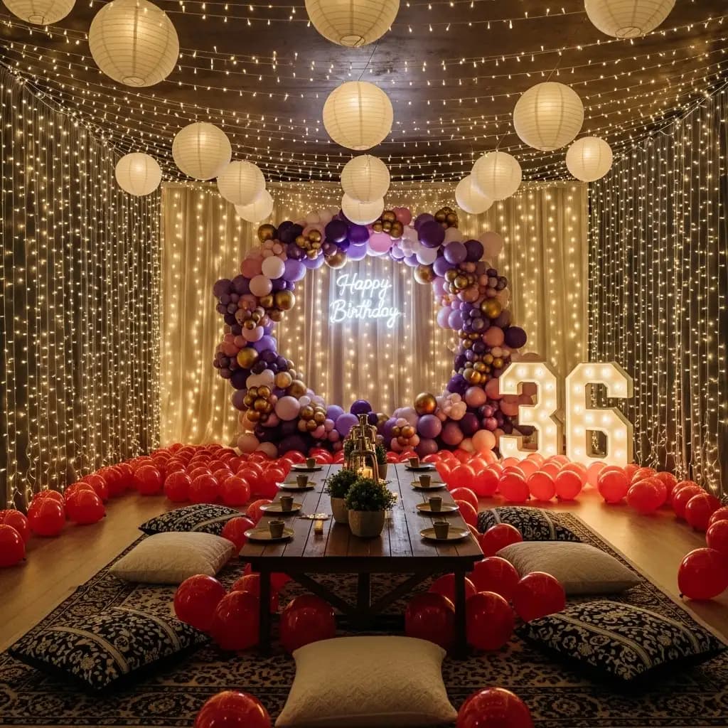 Sophisticated indoor birthday décor with a circular balloon arch in purple, gold, and white, glowing “Happy Birthday” sign, and cozy floor seating with red balloons and lanterns.