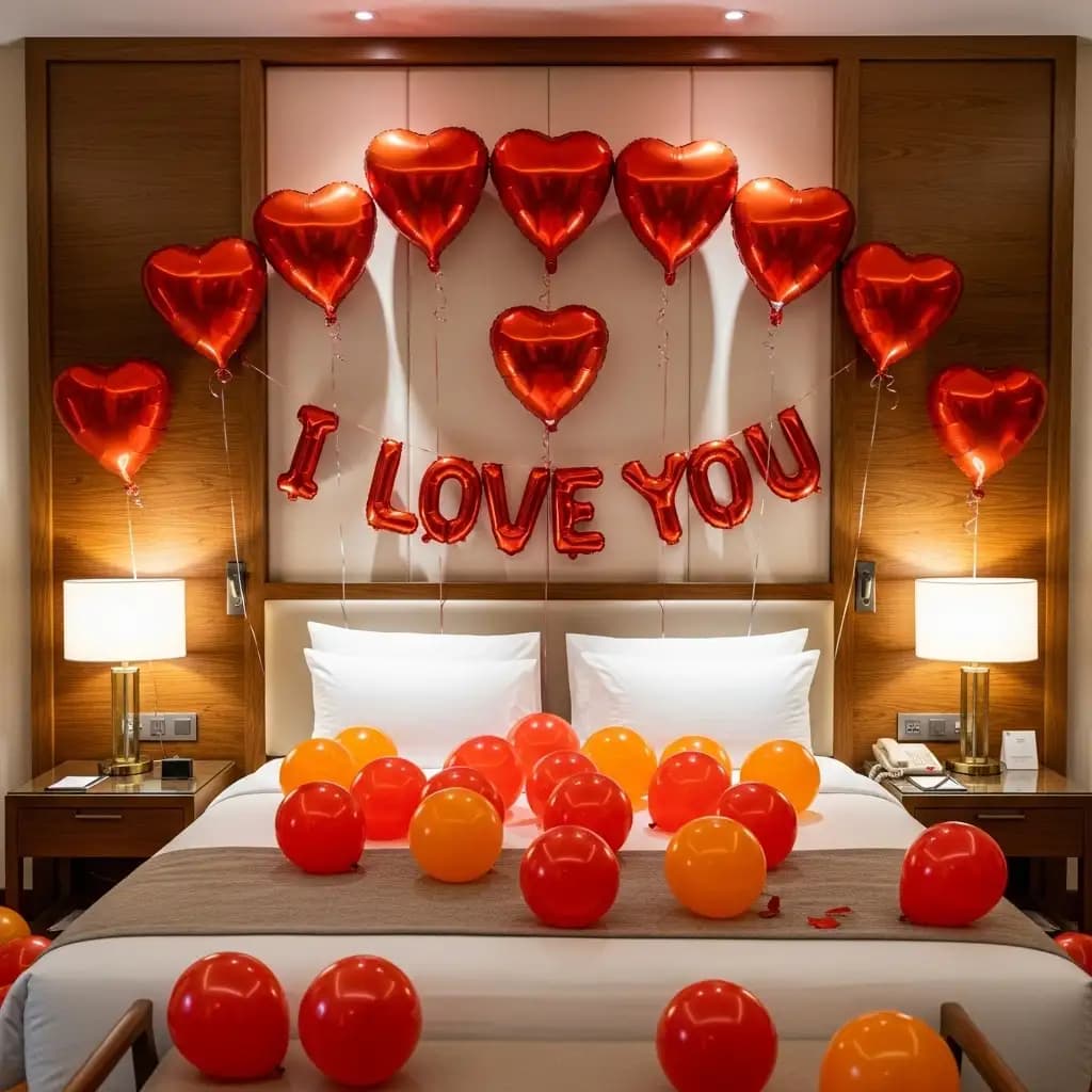 Romantic bedroom decoration with red heart-shaped balloons forming an arch above a bed, “I LOVE YOU” balloon letters below, and scattered red and orange balloons on the bed, creating a cozy and affectionate ambiance.