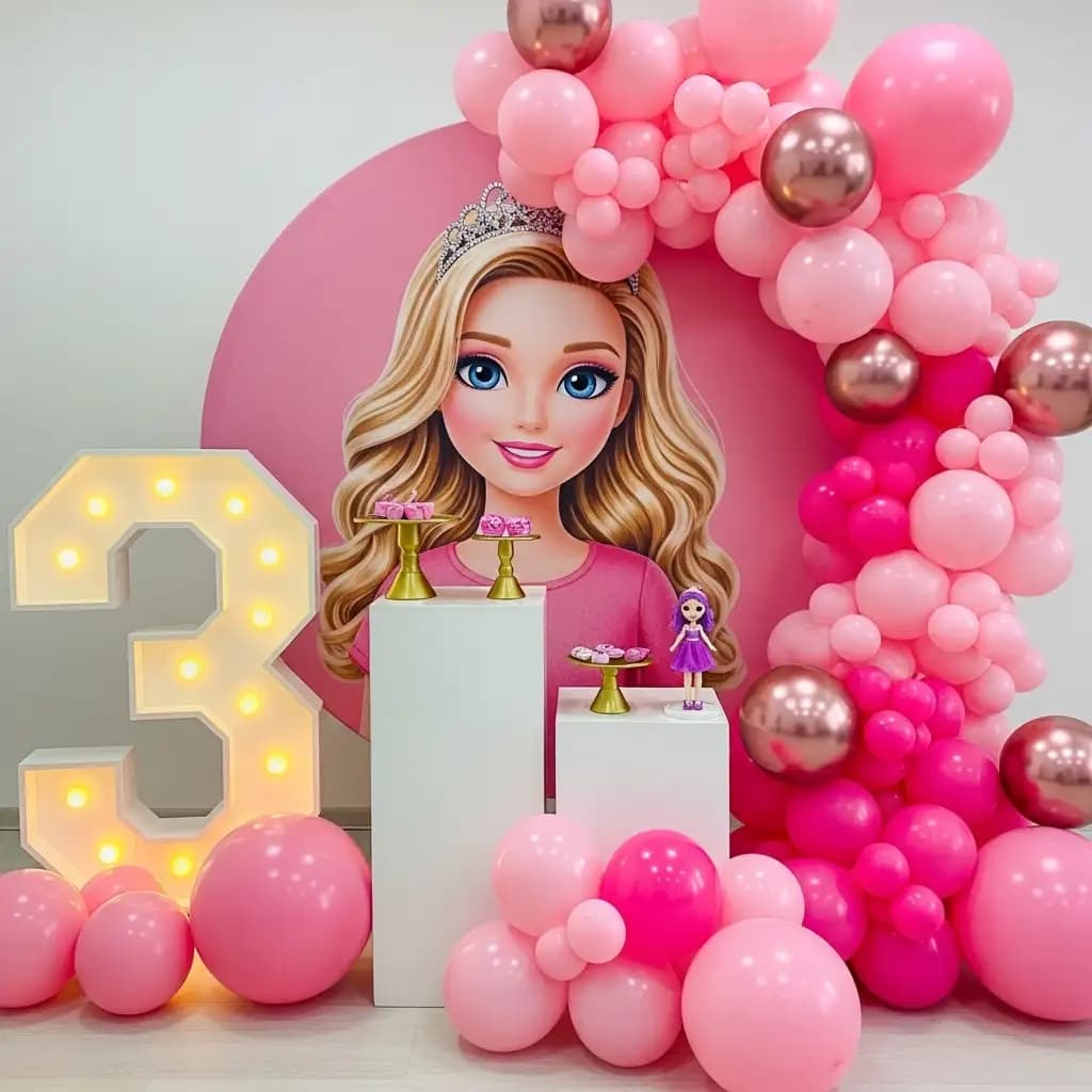 Pink-themed birthday backdrop featuring a large light-up number "3," a circular display with a tiara-wearing illustrated girl, rose gold and pink balloon clusters, and elegant treats displayed on white pedestals—perfect for a little princess’s celebration.