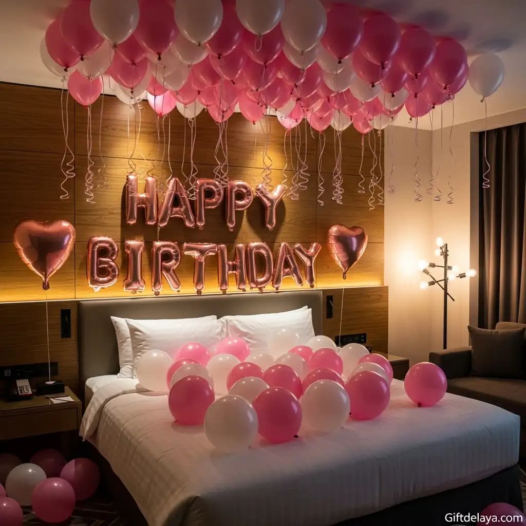 Cozy bedroom birthday setup with floating pink and white balloons on the ceiling, “HAPPY BIRTHDAY” metallic balloons on the wall, and heart-shaped accents creating a warm, festive vibe.