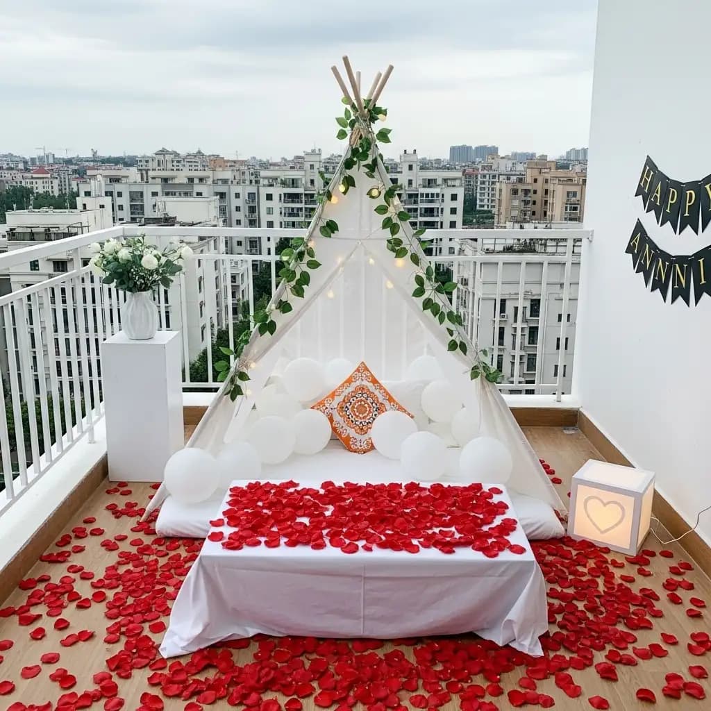 Romantic anniversary balcony setup featuring a white teepee with string lights and greenery, surrounded by rose petals, a cozy table setting, and a “HAPPY ANNIVERSARY” banner against a cityscape backdrop.