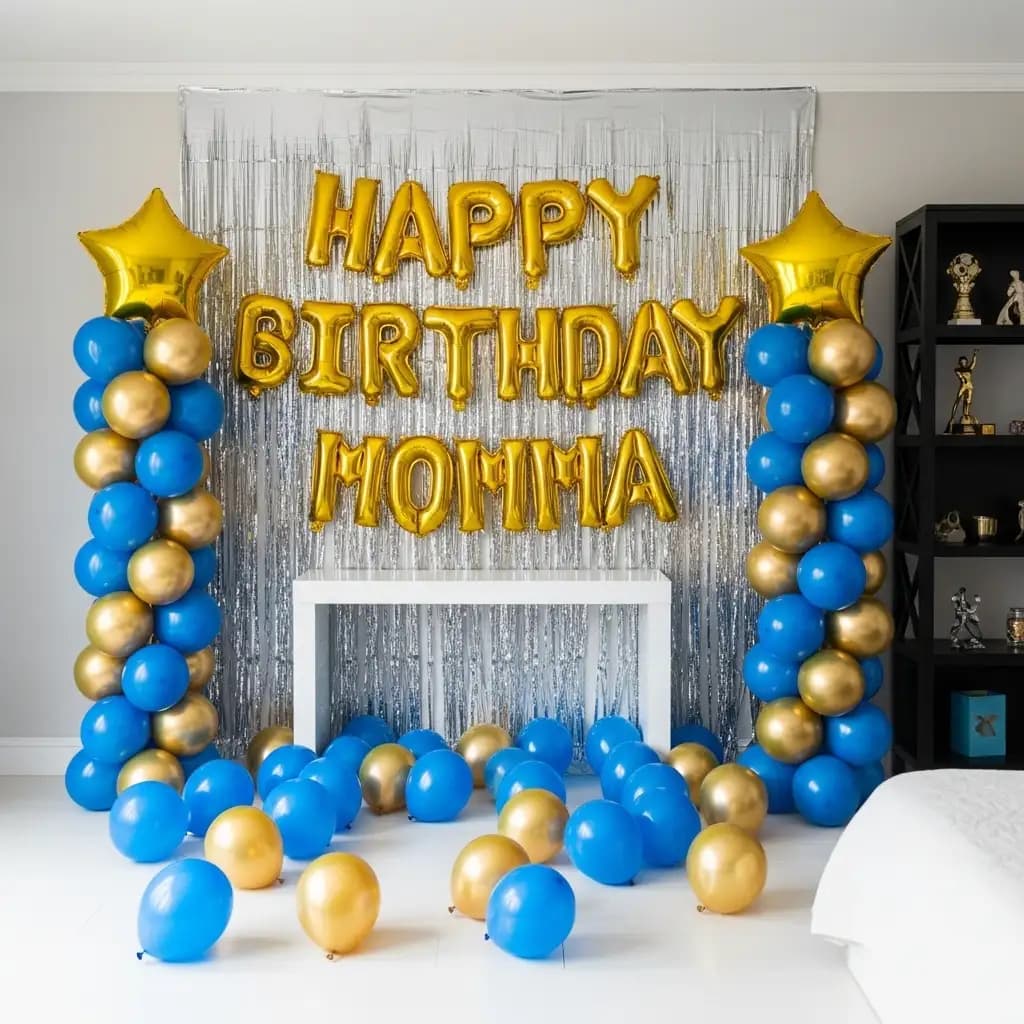 Indoor birthday party setup with shiny silver fringe backdrop, large gold foil balloons spelling ‘HAPPY BIRTHDAY MOMMA,’ two balloon pillars of alternating blue and gold balloons topped with gold star balloons, and scattered matching blue and gold balloons on the floor.