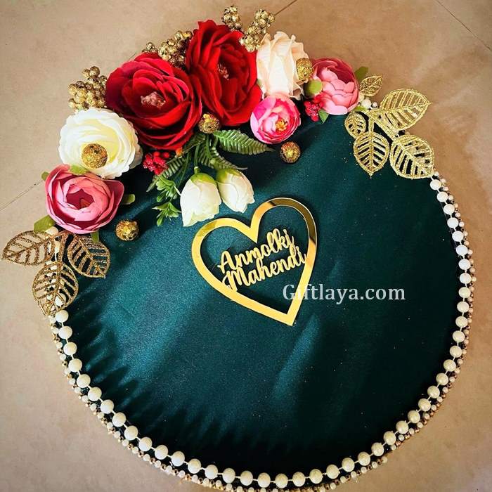 Buy Online : Aryen Global Chanchal Collection Wooden Base Couple & Floral Ring  Platter with 2 Ring Holders For Engagement or Ring Ceremony (11x11x5) inch  sku_Aryen116 | Indian Business Portal