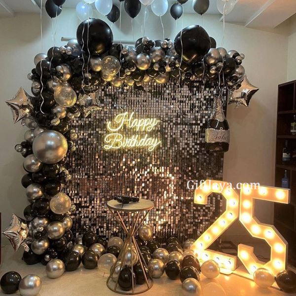 Birthday Decorations - Black, Silver & Golden - LED Neon Happy