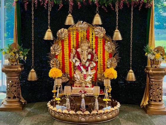 Ganesh Chaturthi Decoration with Marigold Strings