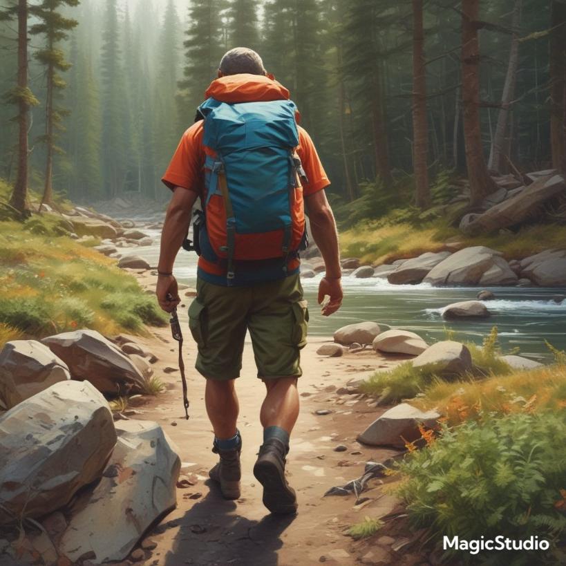 A dad hiking in nature, equipped with camping gear and a backpack.