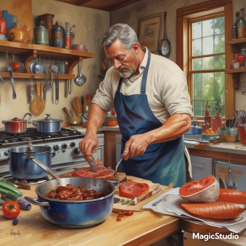 A dad cooking in the kitchen, using high-quality knives and cooking tools.