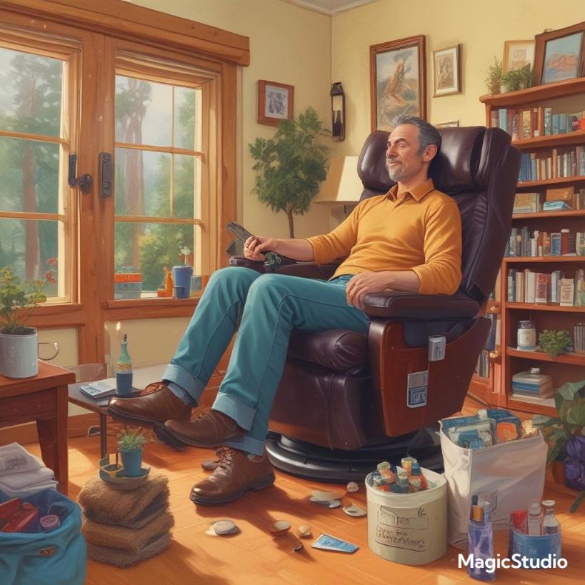 A dad relaxing with a massage chair, essential oils, and comfort items.