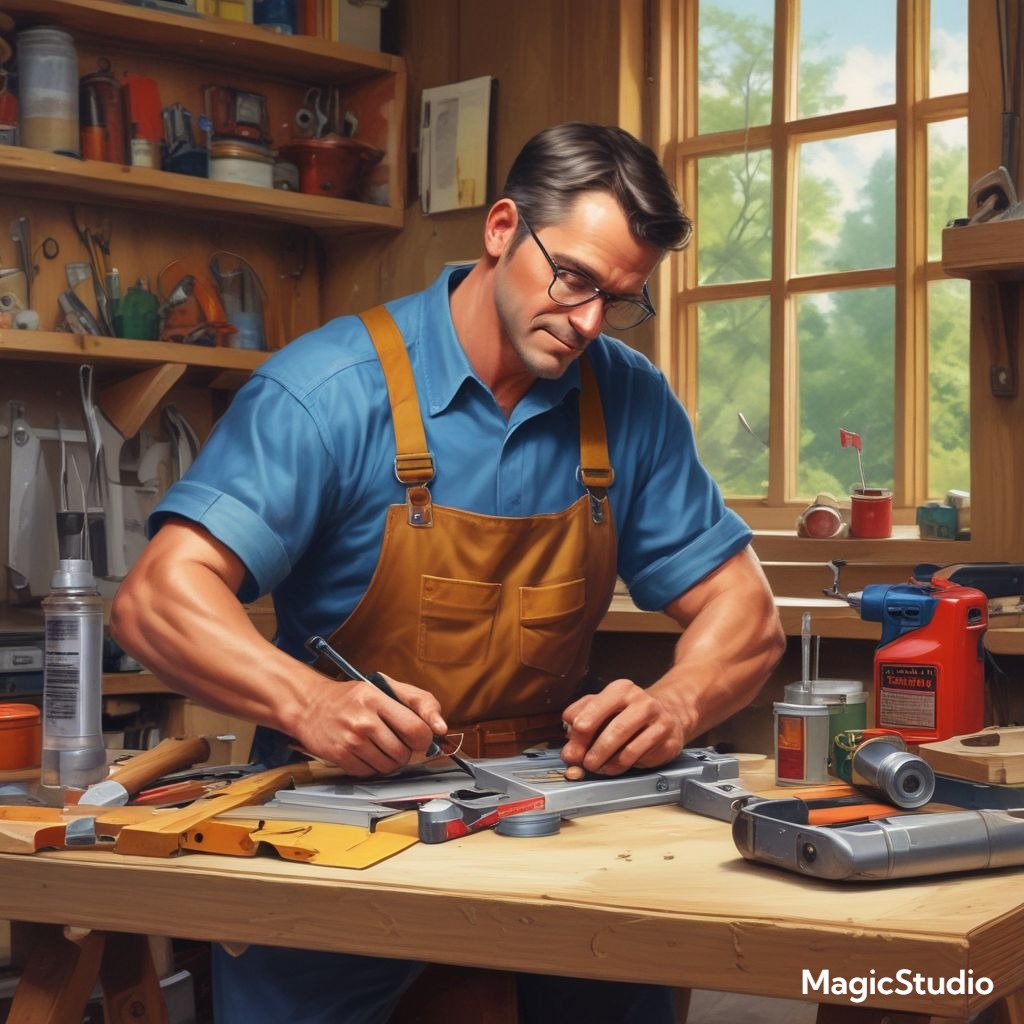A dad working on a home improvement project with tools and a workbench.
